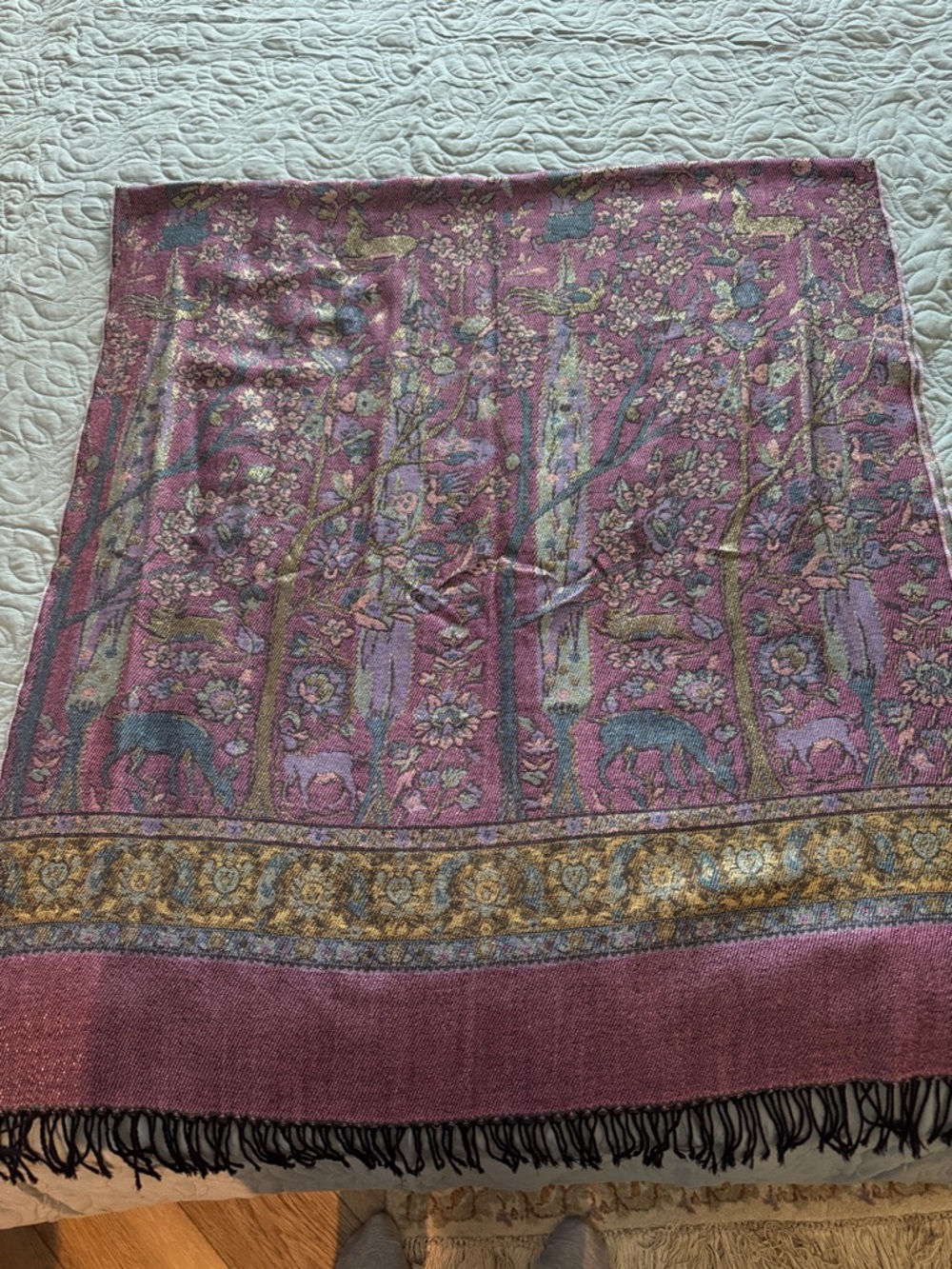Elegant Blue and Purple and Gold Metallic Thread Silk and Wool Long Scarf/Wrap